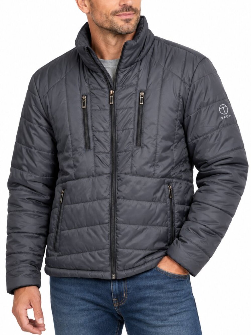 TECH by TUMI Quilted Packable Puffer Coat Grey Medium Mid-Weight Zip Winter